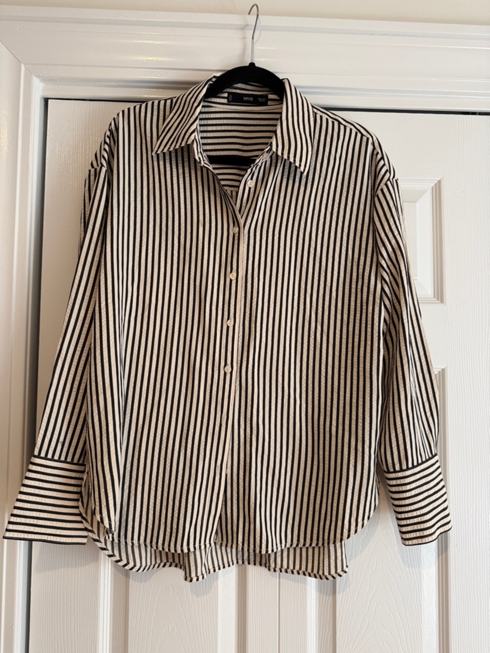 Mango Black and Tan Vertical-Stripe Button Down Shirt - oversized